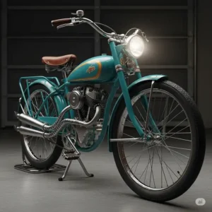 Artistic illustration of a cruiser bicycle that looks like a motorcycle, including a wide, comfortable seat, swept-back handlebars, and a frame that evokes classic motorcycle lines.