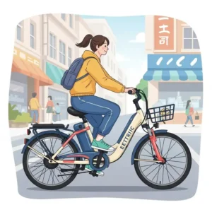 Illustration of a person commuting on an electric bike, utilizing the throttle for a smooth and efficient journey.