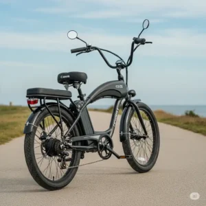 A stylish cruiser-style electric bike with seat featuring an extra-wide, plush seat for maximum rider comfort.