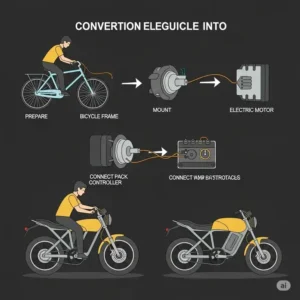 Simplified graphic depicting the step-by-step process of installing an electric motorcycle conversion kit on a bike frame.