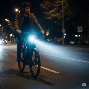 E-bike approaching with a bright e-bike front light, highly visible to oncoming traffic for enhanced safety on the road.