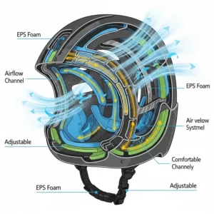 Cutaway illustration demonstrating the advanced ventilation and airflow channels within an ebike helmets for comfortable riding.