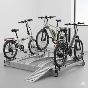 An ebike rack with ramp accommodating different sizes and styles of electric bikes, highlighting its versatility and secure holding mechanism for various ebike models.