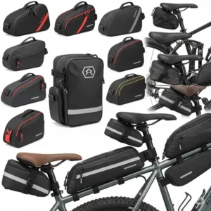 Variety of ebike saddle bags in different sizes and styles, including wedge, large capacity, and under-seat options for electric bikes.