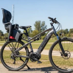An ebike with kid seat rear-mounted, frame-mounted, designed for improved suspension and comfort, perfect for longer journeys.