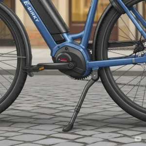 "Close-up illustration of an ebike with a sturdy kickstand deployed, demonstrating practical parking."