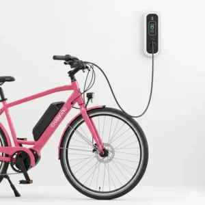 Easy charging process for a pink electric bike, demonstrating convenient power replenishment.