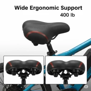 An ergonomic, wide saddle designed for maximum comfort and support on an electric bike for a 400 lb person.