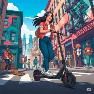 A dynamic illustration of a person riding a stand-up electric bike without pedals, demonstrating its agile maneuverability in a city environment.