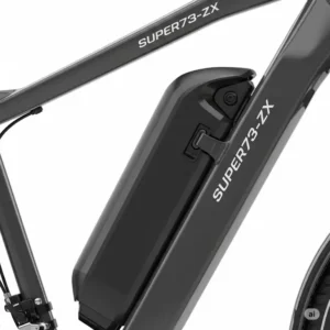 Close-up of the Super73-ZX's removable battery pack, emphasizing its sleek integration and easy access.