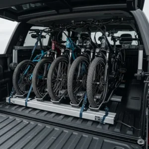 Image depicting an e bike rack for truck system installed inside a truck bed, holding electric bikes upright and stable.