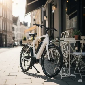 Stylish white electric bike parked conveniently outside a city cafe, ready for its next adventure.
