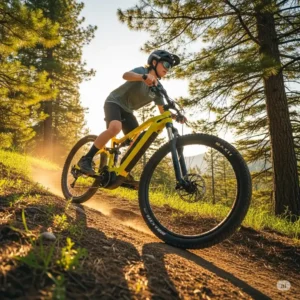 Youth electric bike navigating a scenic dirt trail, showcasing its suspension.