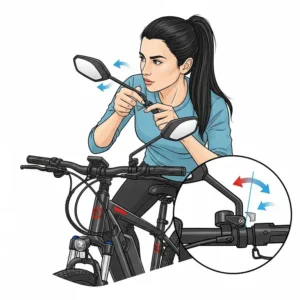 An illustration showing a rider adjusting the angle of an ebike mirrors to achieve the best possible rear view, crucial for effective use and blind spot elimination.