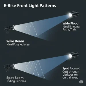 Diagram illustrating different e-bike front light beam patterns, including wide flood and focused spot for varied riding conditions.
