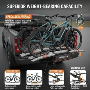 Infographic highlighting the high weight capacity of an e bike rack for truck, suitable for heavy electric bikes.