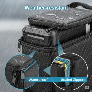 Illustration emphasizing the weather-resistant features of an **ebike battery bag**, such as sealed zippers and waterproof materials, protecting the battery from rain and dust.