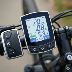 Image of a handlebar-mounted display unit and control panel for a mid-drive ebike conversion kit, showing speed, battery life, and assistance level settings.