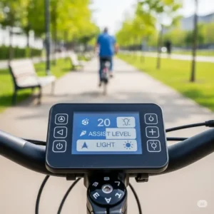 Clear and simple digital display panel on an e-bike, demonstrating user-friendly controls for seniors navigating their rides, seeking the **best e bike for over 70s under $1000**.