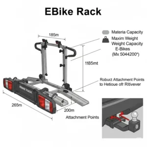 Technical diagram illustrating the key dimensions and features of an ebike rack with ramp, including its weight capacity and attachment points, for easy understanding of its specifications.