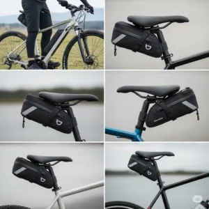 Ebike saddle bags seamlessly integrated onto various electric bicycle types, demonstrating universal fit and secure attachment.