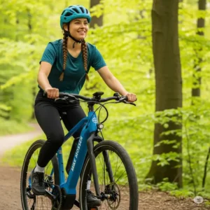 A rider enjoying a smooth ride on a Mike Moser ebikes on a scenic trail, with a focus on the ebike's design and the rider's experience.
