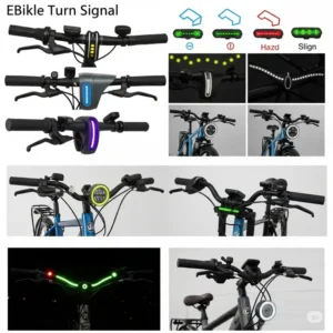 A visual compilation showcasing various designs and integration styles of ebike turn signals on different ebike models.
