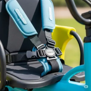 A close-up view of a five-point safety harness on an ebike with kid seat, highlighting essential security features for child passengers.

