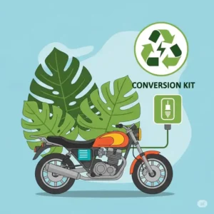 Illustration showcasing the environmental benefits of an electric motorcycle conversion kit, with green leaves and a charging icon.