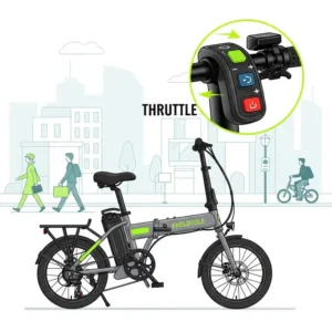 Illustration of a compact folding electric bike featuring a prominent throttle for convenient urban travel.