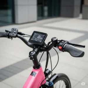 Ergonomic handlebars and clear digital display of a pink electric bike, showing user-friendly controls.
