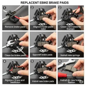 A step-by-step image guide showing the process of replacing ebike brake pads, with a focus on installing the new pads into the caliper correctly.