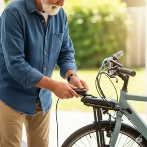 A senior person demonstrating the ease of charging an electric bike battery, highlighting simple maintenance for the best electric bike for seniors.