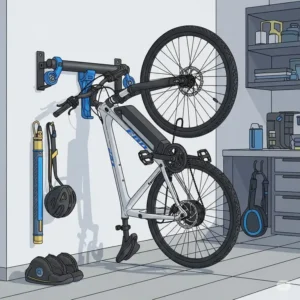 "Illustration of a space-saving wall-mount ebike hanger, showcasing how to store an ebike vertically."