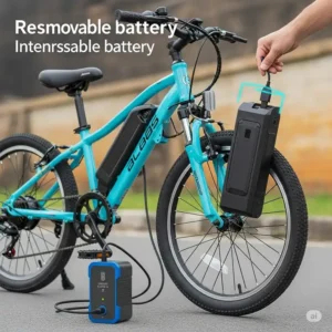 Youth electric bike connected to a charger, highlighting its removable battery.