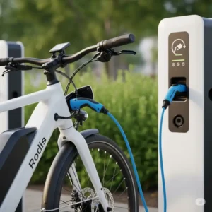Effortlessly charging a white electric bike, showcasing its convenient charging port.