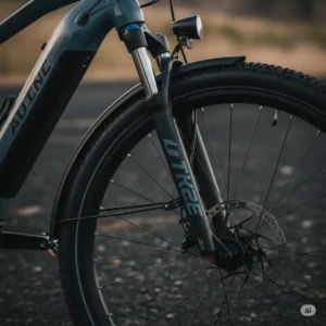 Close-up of an electric bike's front suspension system, ensuring a smoother and more comfortable ride over varied terrain, a desirable feature for seniors. Enhances the appeal of the best electric bike for seniors.