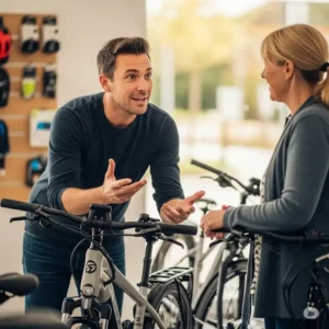  Mike Moser ebikes discussing ebike features with a satisfied customer in a friendly and informative setting.