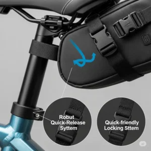 Detailed view of the secure mounting straps and quick-release buckle system for an ebike saddle bag, ensuring easy installation.
