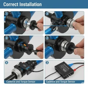 Visual guide illustrating the correct installation of cadence and torque sensors for a mid-drive ebike conversion kit, essential for smooth pedal-assist operation.