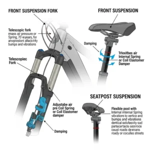 Diagram of an e-bike's front or seatpost suspension system, illustrating enhanced comfort over varied terrains for riders over 70, a key feature in the **best e bike for over 70s under $1000**.