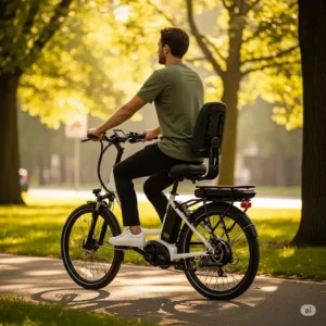 An electric bike with seat featuring a comfortable seat with an integrated backrest, ideal for improved posture and longer rides.