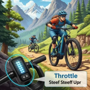 Illustration of an electric mountain bike on a trail, showcasing its throttle for power assistance on inclines.