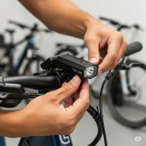 Hands securely mounting an e-bike front light onto handlebars, demonstrating easy installation process.