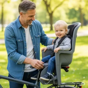A parent gently helps a child into an ebike with kid seat, demonstrating ease of use and the secure fit of the seating system.