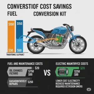 Graphic demonstrating cost savings on fuel and maintenance after converting to an electric motorcycle with an electric motorcycle conversion kit.