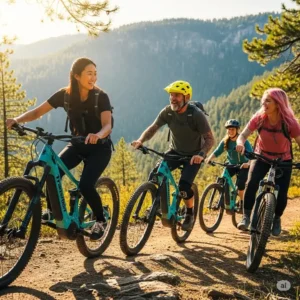 A diverse group of friends enjoying a social trail ride on their Transition eBikes, showcasing the fun and accessibility of electric mountain biking.