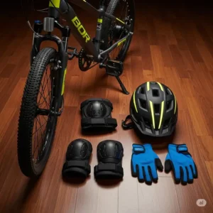 Helmet, knee pads, and gloves laid out next to a youth electric bike, emphasizing safety.