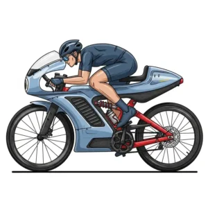 Illustration of an urban commuter bicycle that looks like a motorcycle, designed with a sleek silhouette, featuring integrated lights and a sturdy frame for city riding.