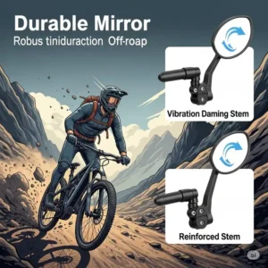 Illustration highlighting durable ebike mirrors designed for off-road or mountain biking, emphasizing their robust construction to withstand challenging terrain.